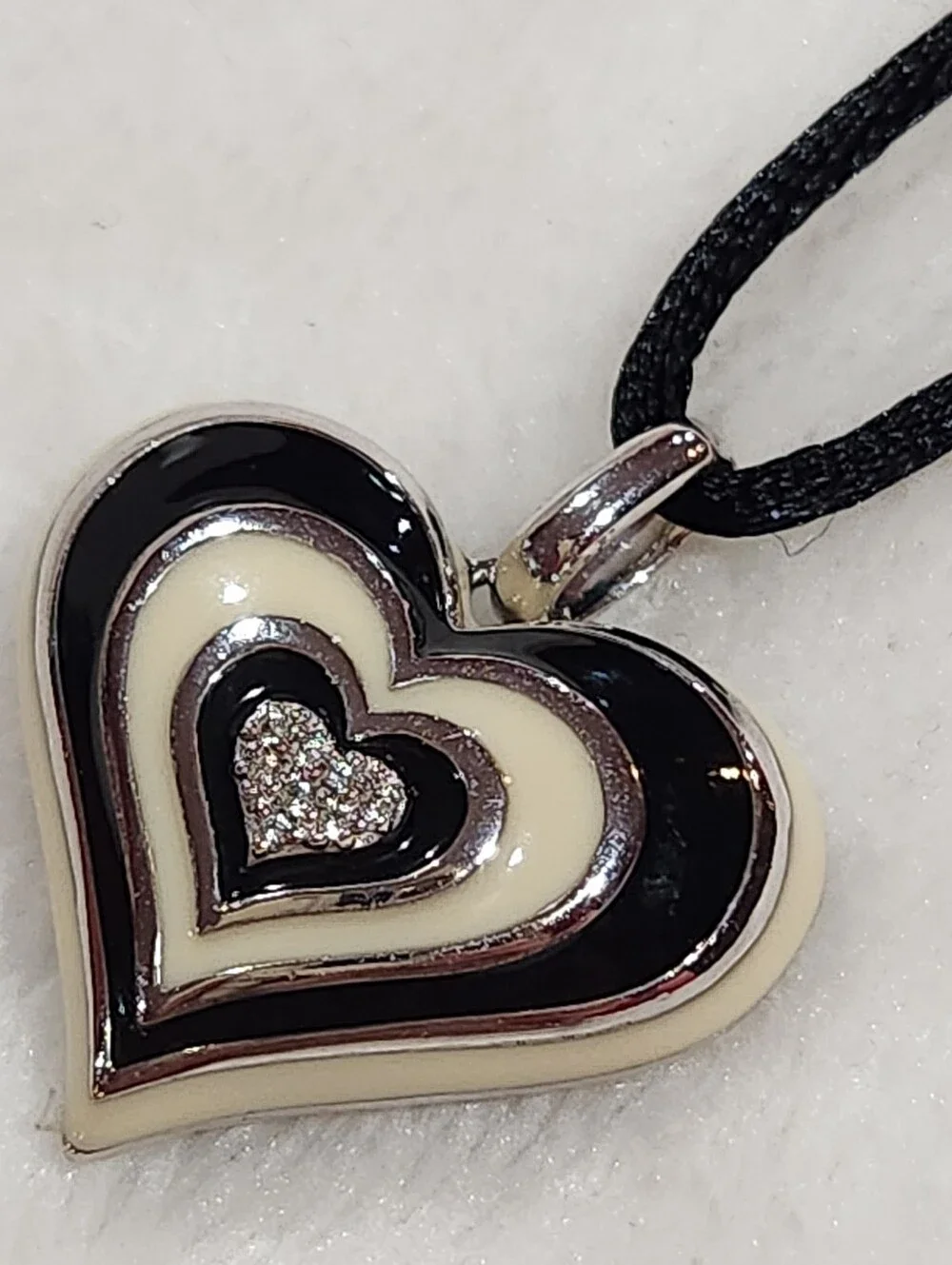 EMA Sterling Silver Enamel Heart Necklace with Silk Cord